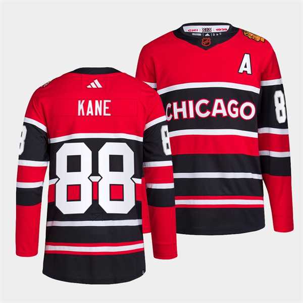 Men%27s Chicago Blackhawks #88 Patrick Kane Red Black 2022 Reverse Retro Stitched Jersey Dzhi->chicago blackhawks->NHL Jersey